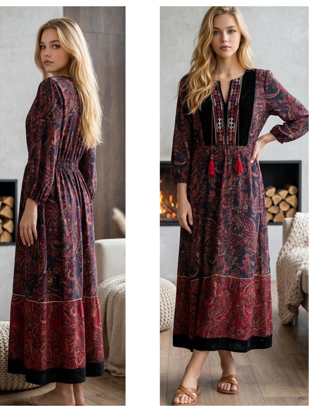 Soft Surroundings Women’s Sz L Quinn Boho Paisley Maxi Dress pockets tassels